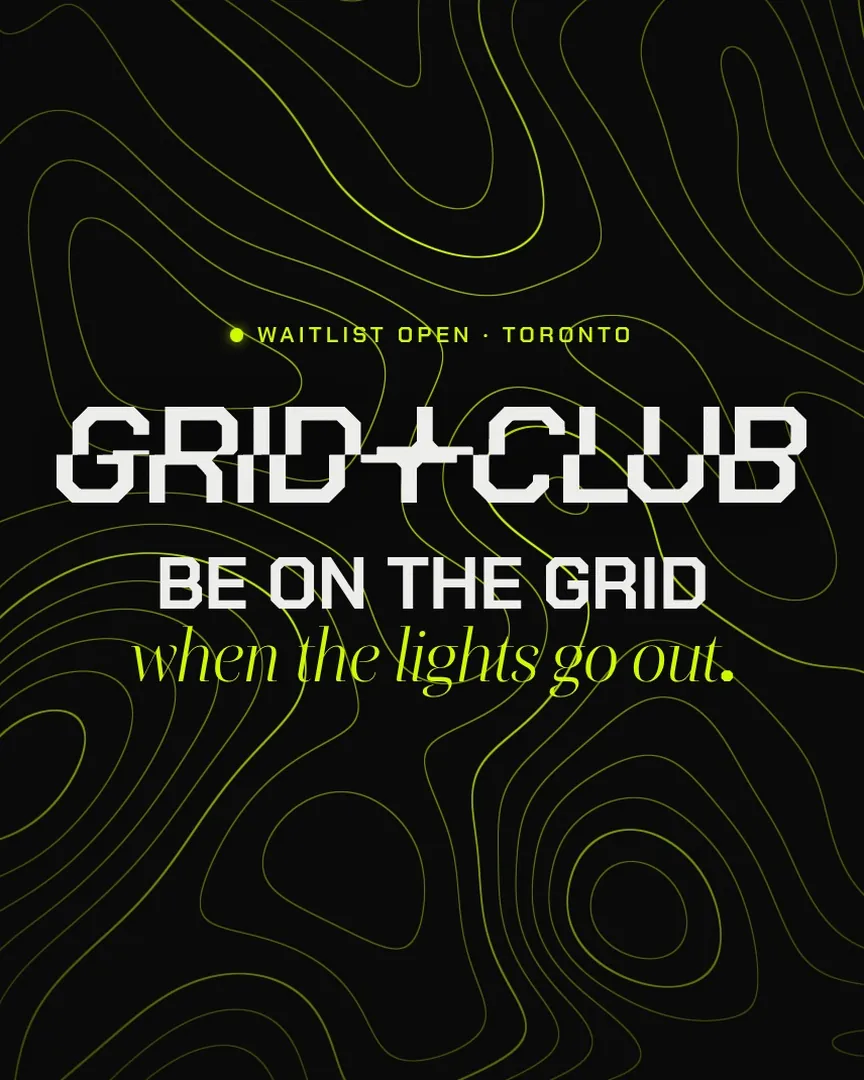 The GRID+CLUB wordmark in white over volt topographic contour lines on black, with LAUNCHING SOON below