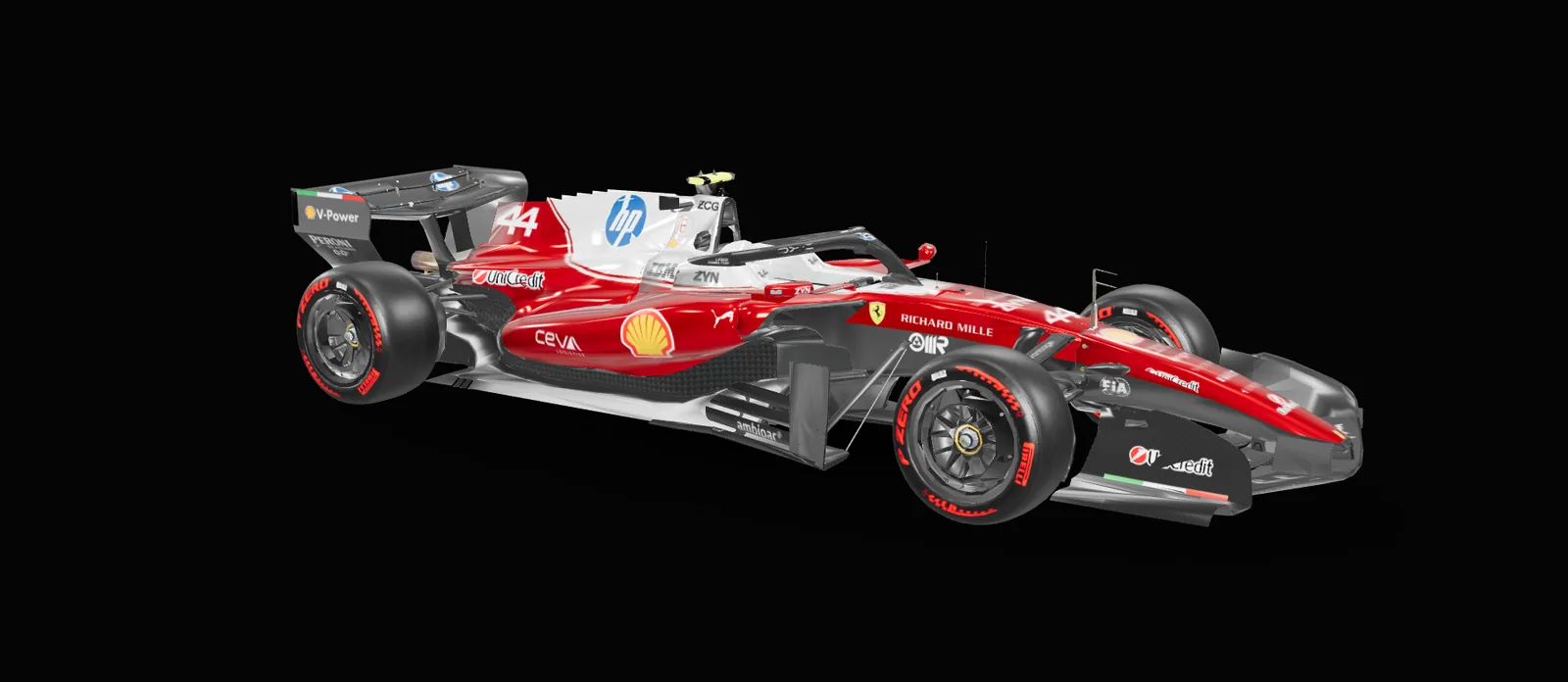 A racing car in red and white livery, seen three quarters on, its cockpit shown in X-ray
