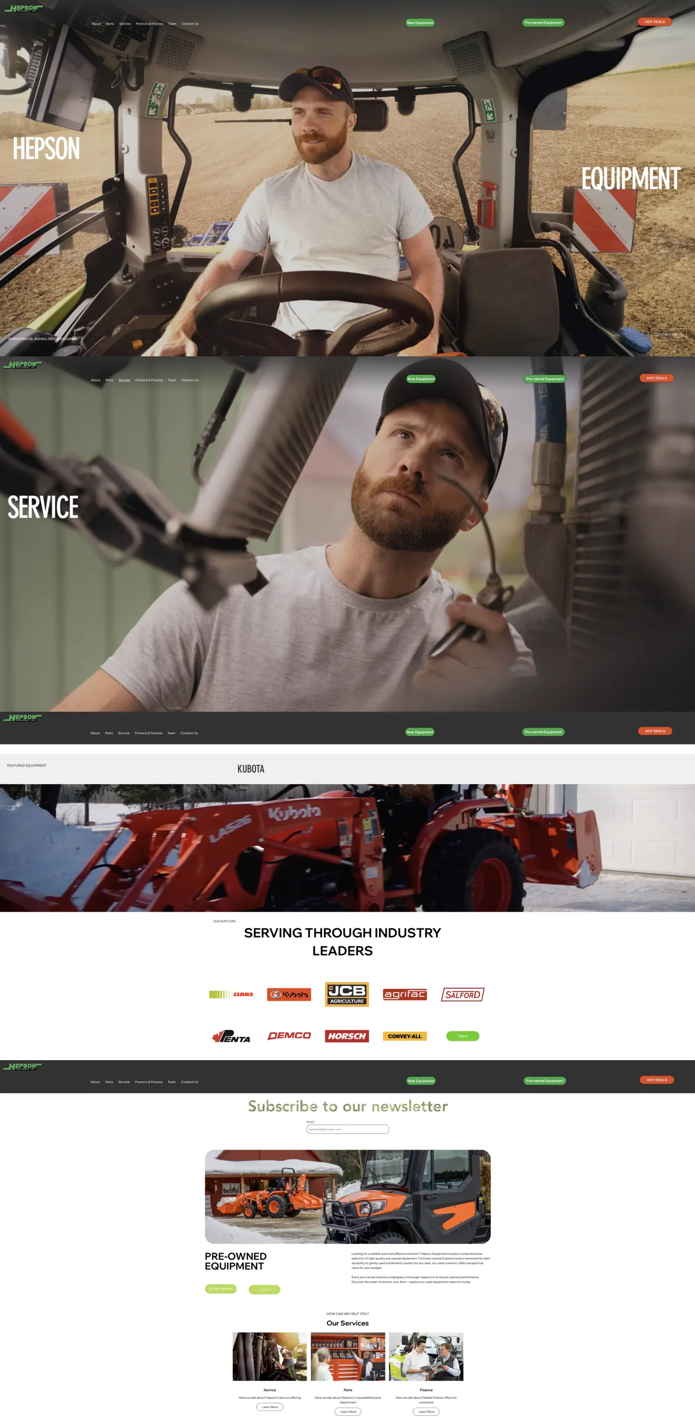 Four pages from the Hepson Equipment website: the home page hero, the service page, featured Kubota equipment with the supplier brands, and pre-owned equipment with the services
