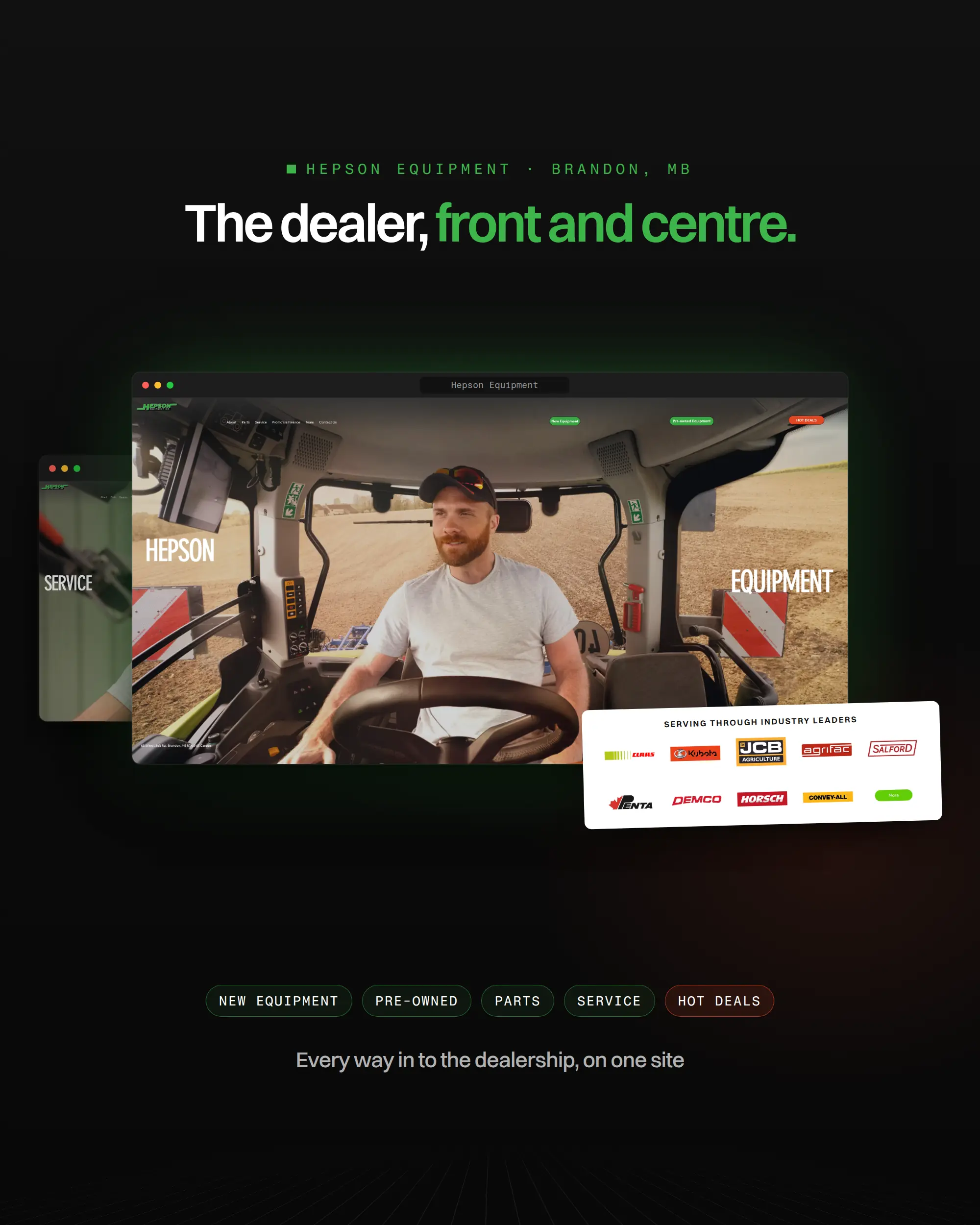 Hepson Equipment's website in a browser: an operator in a tractor cab under the Hepson name, with the service page behind and the supplier brands card in front