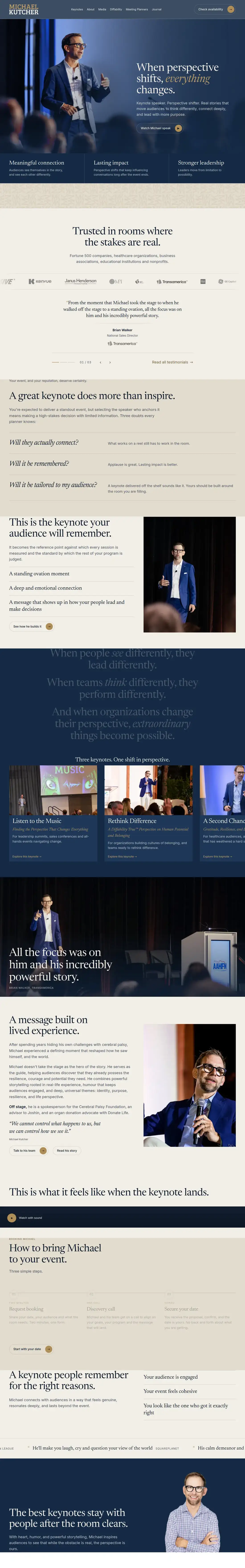 The full michaelkutcher.com homepage: hero, proof from planners, three keynotes, his story and the booking path