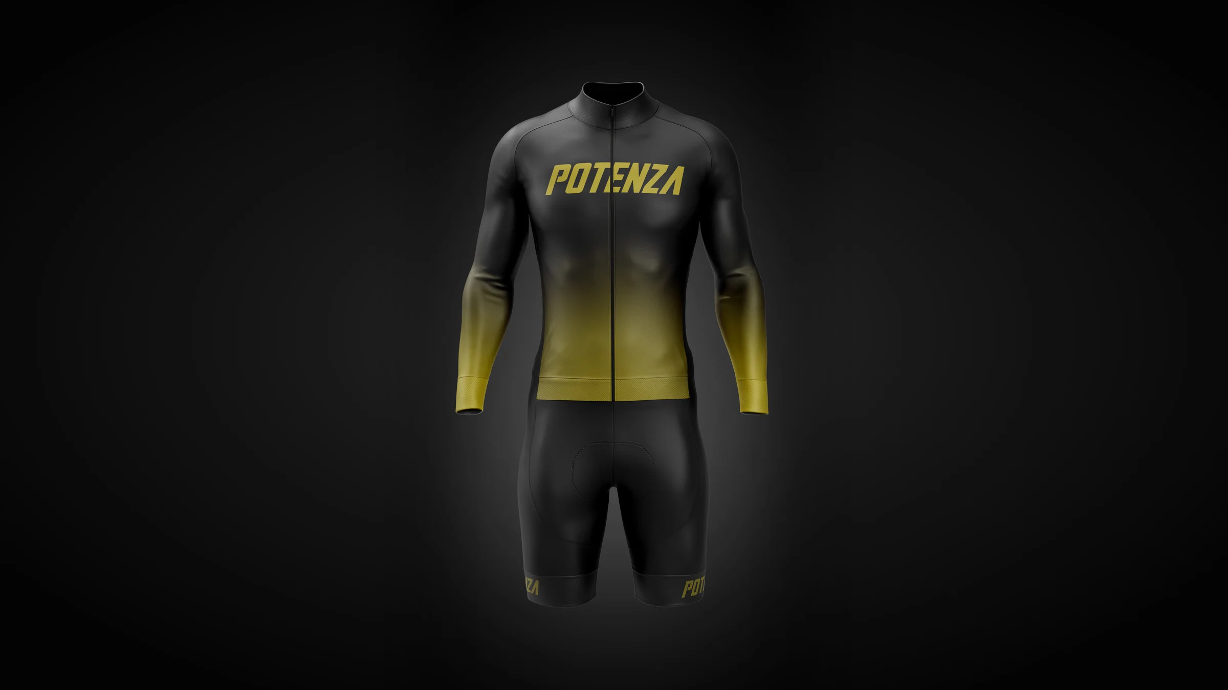 The full Potenza performance cycling kit, jersey and bib shorts, with the Potenza wordmark across the chest