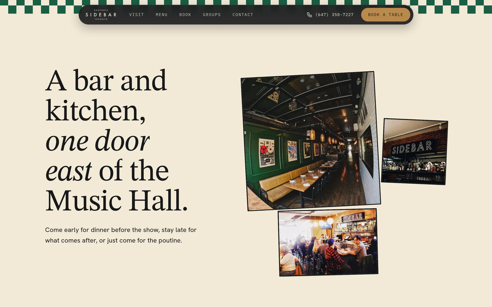 The about band: a bar and kitchen one door east of the Music Hall, with photos of the room