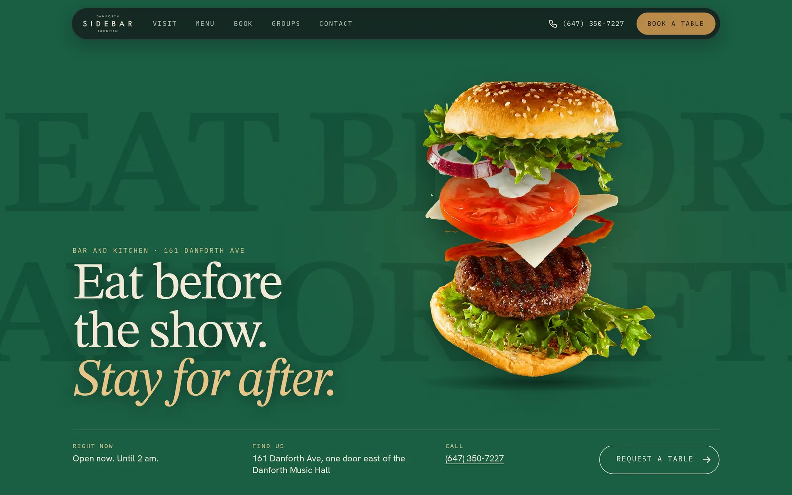 danforthsidebar.com homepage: Eat before the show, stay for after, with the house burger built layer by layer