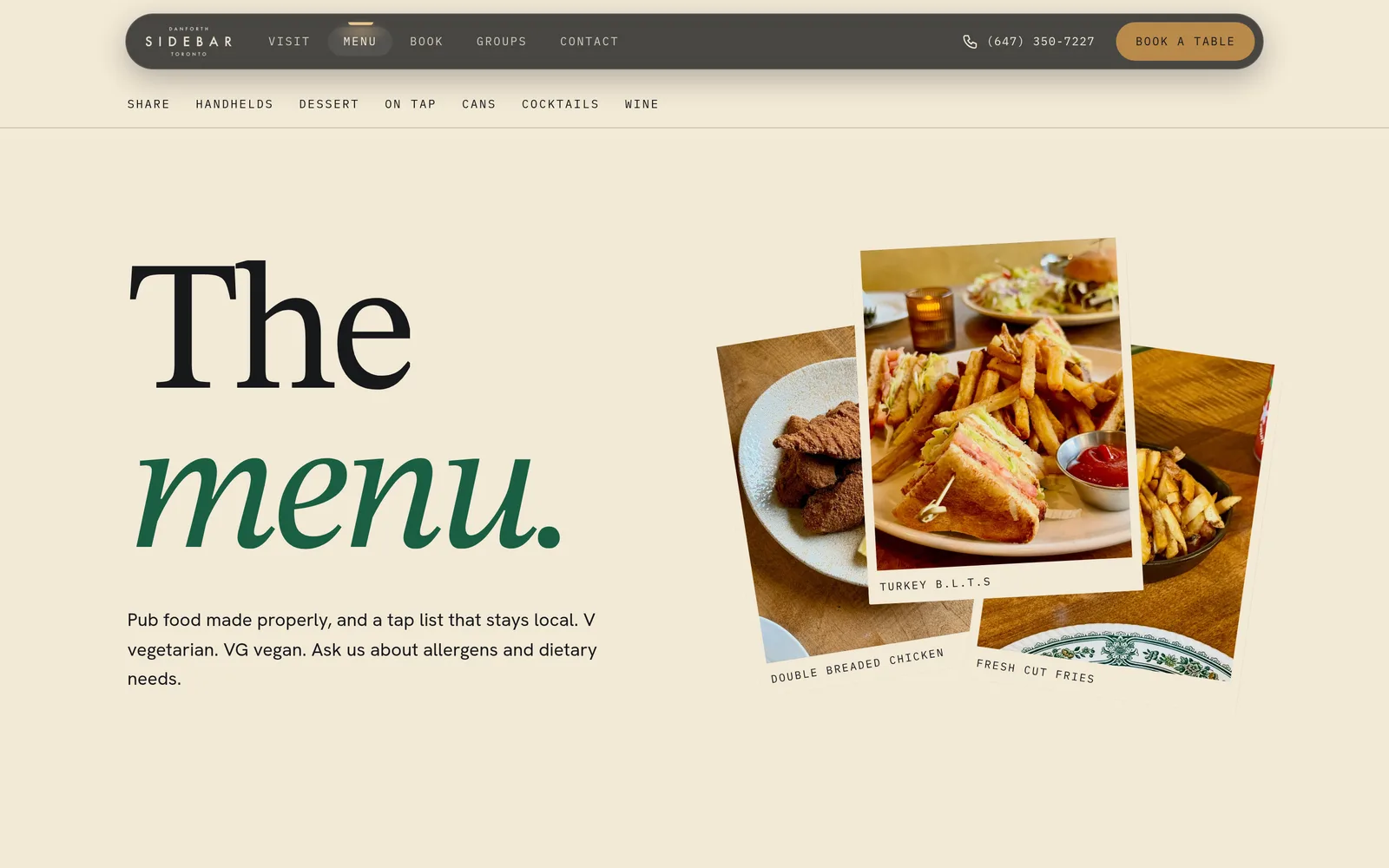 The menu page with section tabs for share plates, handhelds, dessert, on tap, cans, cocktails and wine