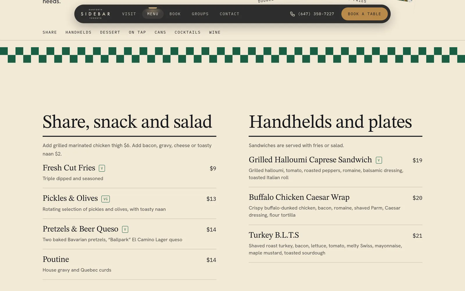 Menu sections with prices and vegetarian markers that staff update themselves