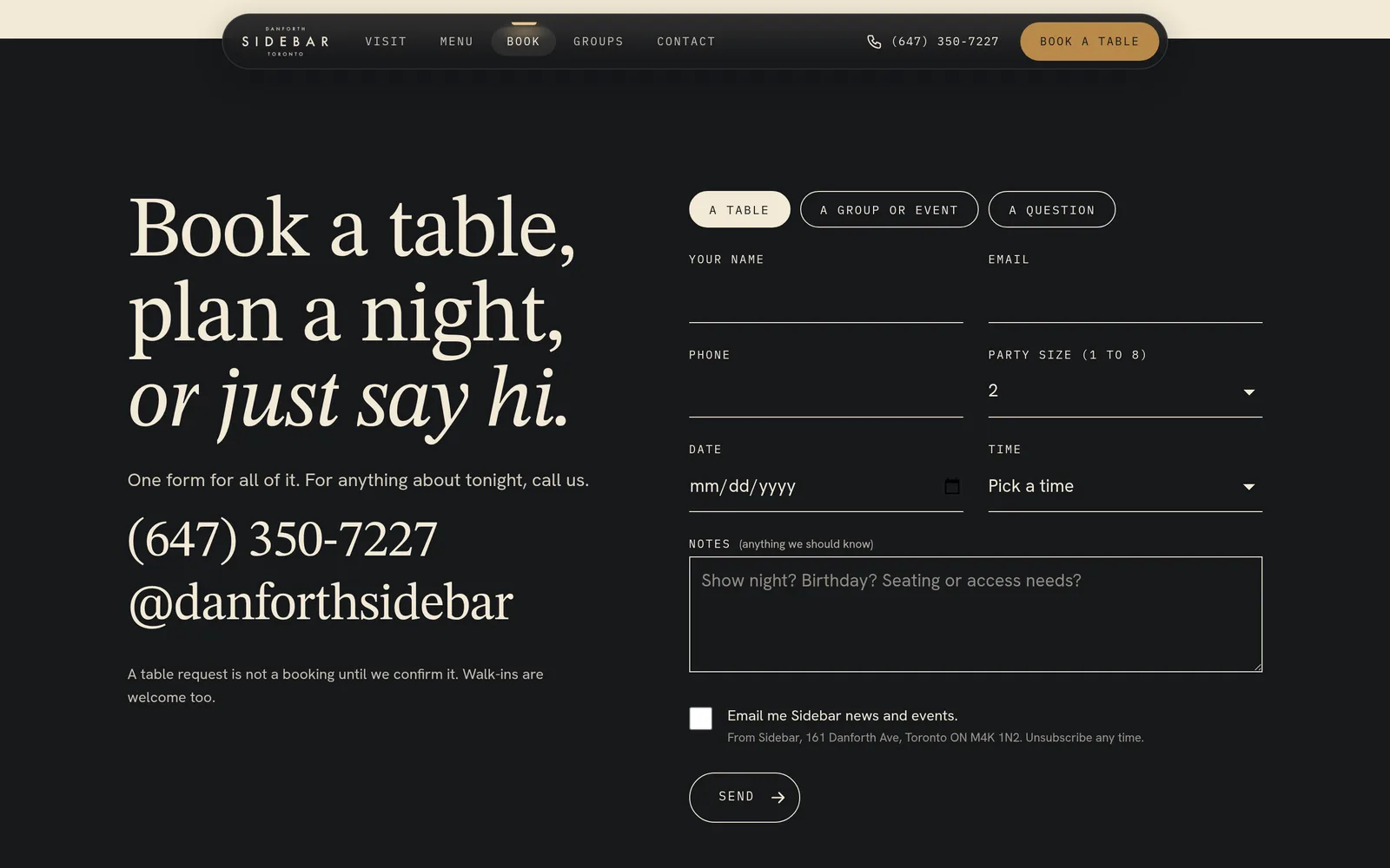 One booking form for a table, a group or event, or a question, with party size, date and time