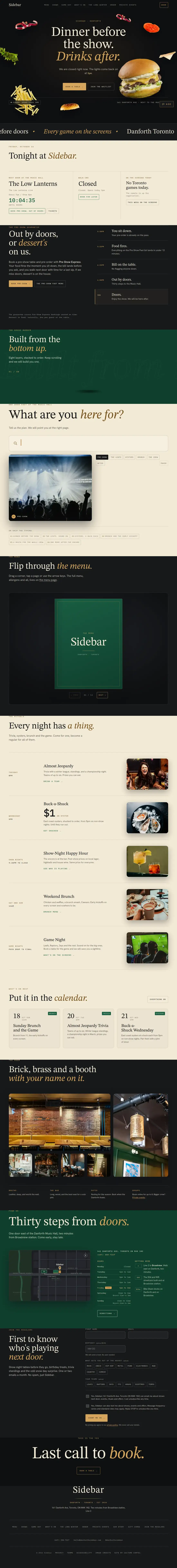 The full Sidebar homepage: hero, tonight at Sidebar, pre-show booking, the menu, the calendar, the room and the map to the Music Hall