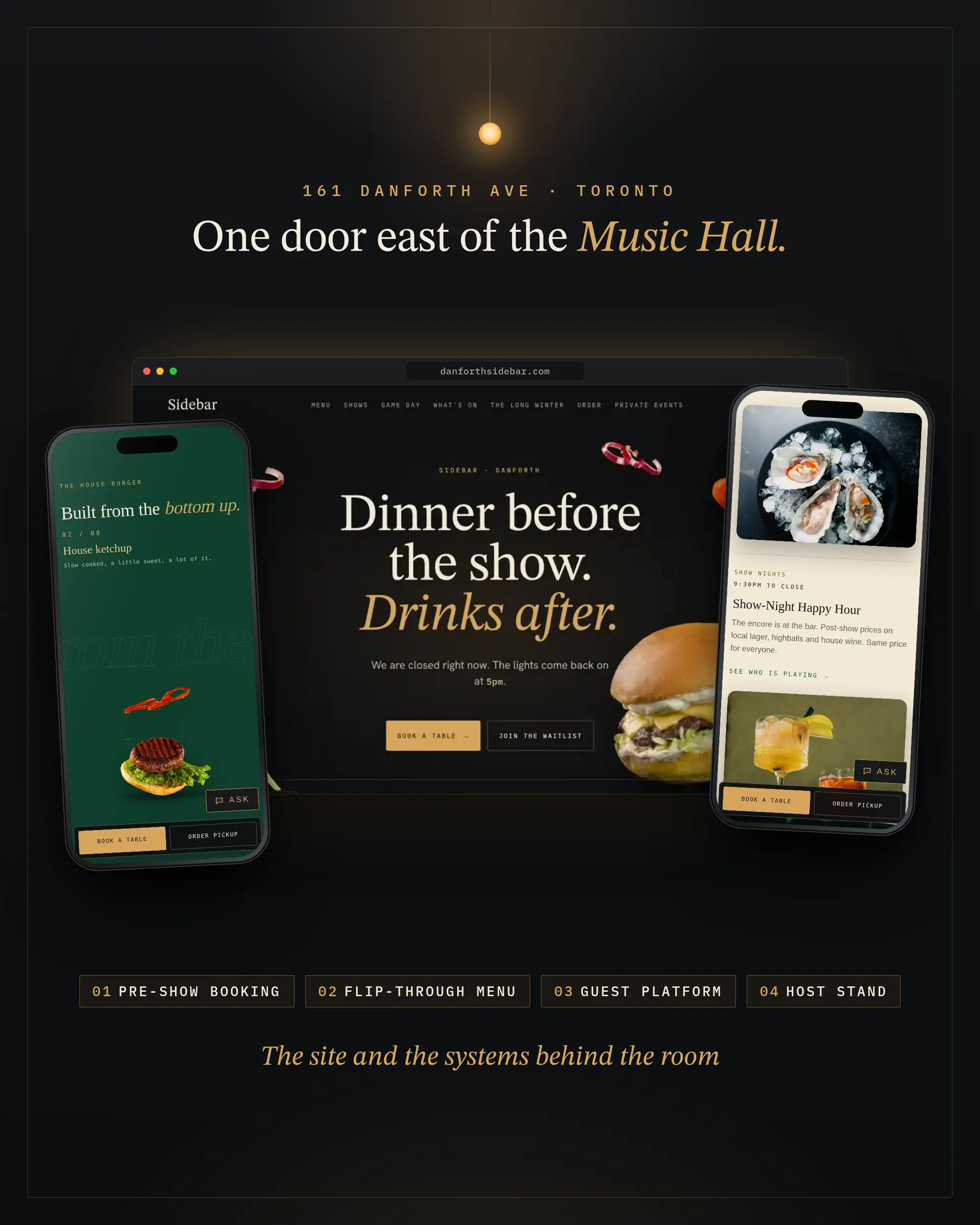 Sidebar's homepage in a browser between two phones showing the house burger and show-night happy hour, on the tavern's black, cream and brass palette