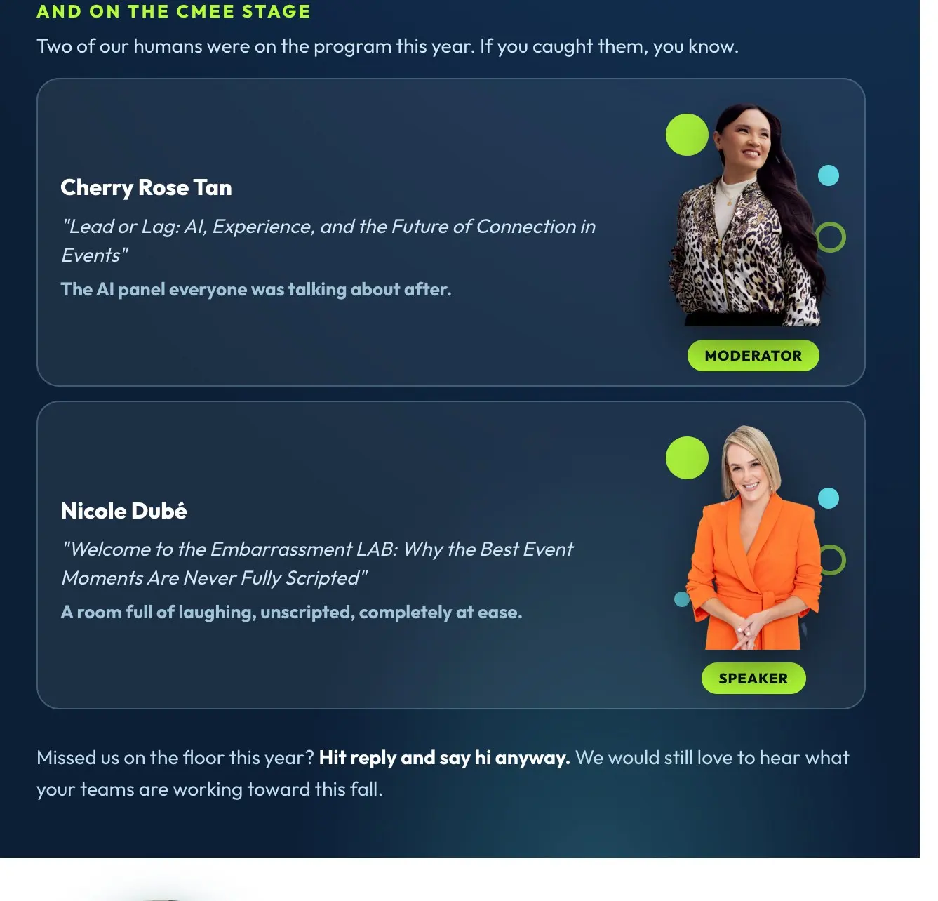 Newsletter section on the CMEE stage, featuring Cherry Rose Tan and Nicole Dubé