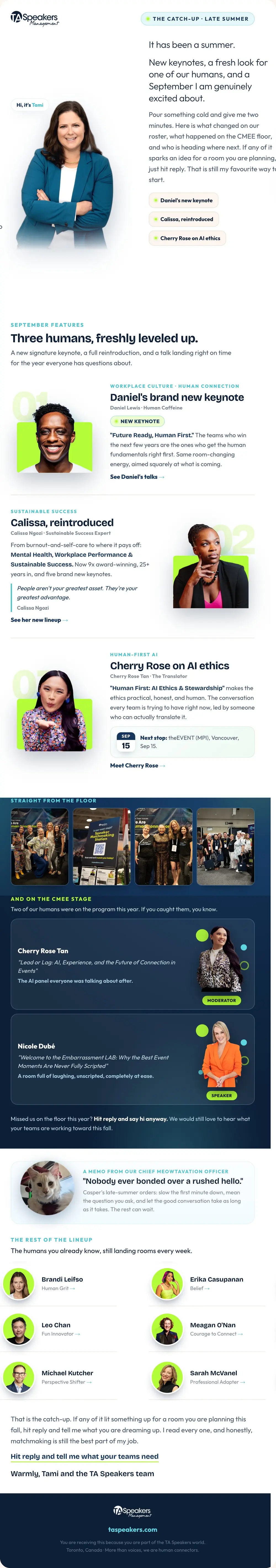 The full TA Speakers late-summer newsletter: a note from the founder, three speaker features, the CMEE floor, the roster and the sign-off