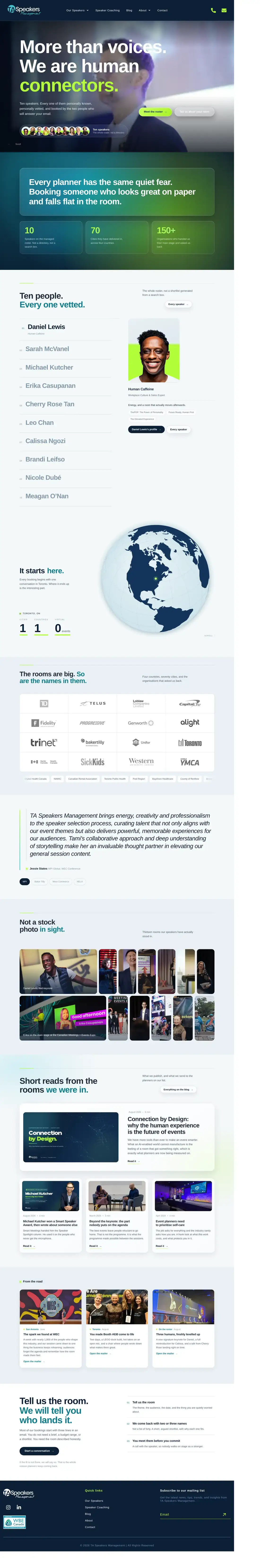 The full TA Speakers Management homepage: hero, the roster, the reach map, client logos, testimonials and the blog