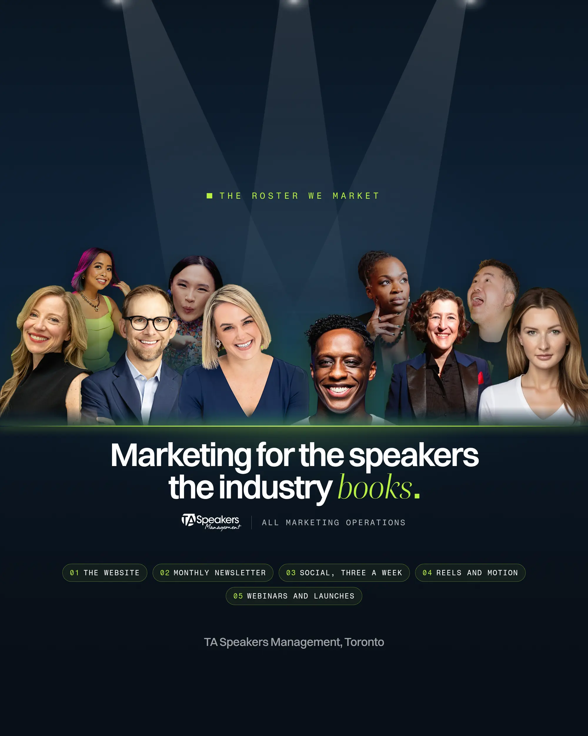 The TA Speakers Management roster in a lineup on a navy stage, above the line: Marketing for the speakers the industry books